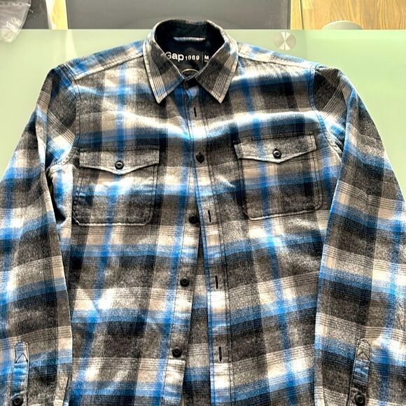 Gap 1969 shirt medium grey blue checks 100% cotton - Picture 1 of 7